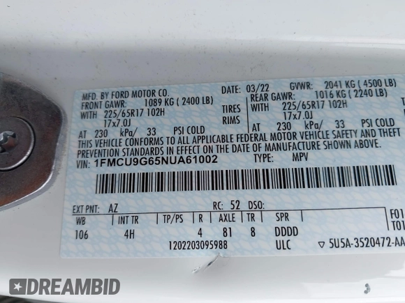 2022 Ford Escape SE with VIN 1FMCU9G65NUA61002, listed as a IAAI auction lot 41974323 with 155,905 mi miles and . Bid and sale history available at DreamBid. Image 9.