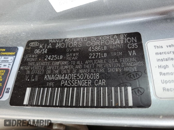 2014 Kia Optima EX z VIN KNAGN4AD1E5076018, wystawiony jako Copart lot #63213845 z przebiegiem 102 395 mil mil oraz Szkoda całkowita • Salvage title. Historia ofert i sprzedaży dostępna na DreamBid. Obrazek 12.