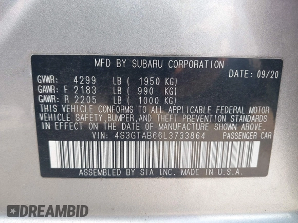 2020 Subaru Impreza with VIN 4S3GTAB66L3733864, listed as a IAAI auction lot 42135432 with 50,719 mi miles and . Bid and sale history available at DreamBid. Image 9.
