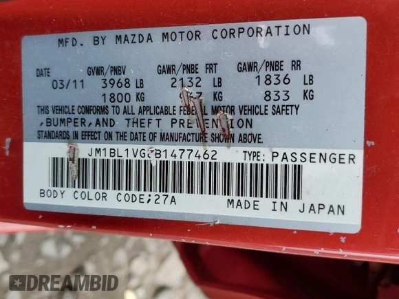 2011 Mazda 3 i Touring with VIN JM1BL1VG8B1477462, listed as a Copart auction lot 53268995 with 118,510 mi miles and Salvage Title. Bid and sale history available at DreamBid. Image 12.