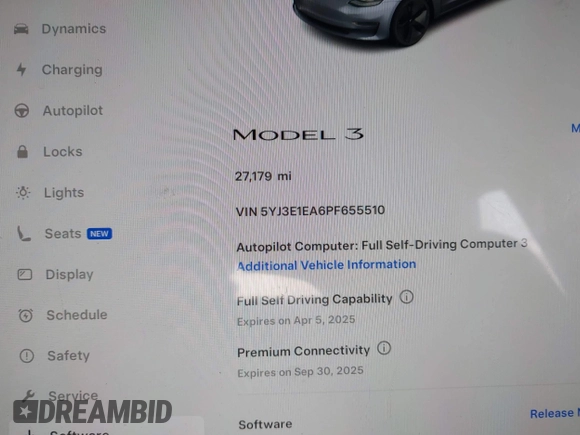 2023 Tesla Model 3 with VIN 5YJ3E1EA6PF655510, listed as a IAAI auction lot 41948480 with 27,179 mi miles and . Bid and sale history available at carsss.com. Image 7.