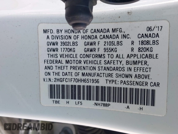 2017 Honda Civic Sedan EX-L with VIN 2HGFC1F70HH651956, listed as a IAAI auction lot 41754511 with 129,385 mi miles. Bid and sale history available at carsss.com. Image 9.