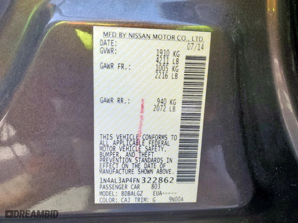2015 Nissan Altima 2.5 S with VIN 1N4AL3AP4FN322862, listed as a Copart auction lot 50605255 with 199,677 mi miles and Clean Title. Bid and sale history available at carsss.com. Image 12.