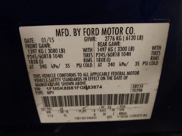 2015 Ford Explorer z VIN 1FM5K8B81FGB83874, wystawiony jako IAAI lot #41911790 z przebiegiem 110 311 mil mil oraz . Historia ofert i sprzedaży dostępna na DreamBid. Obrazek 9.