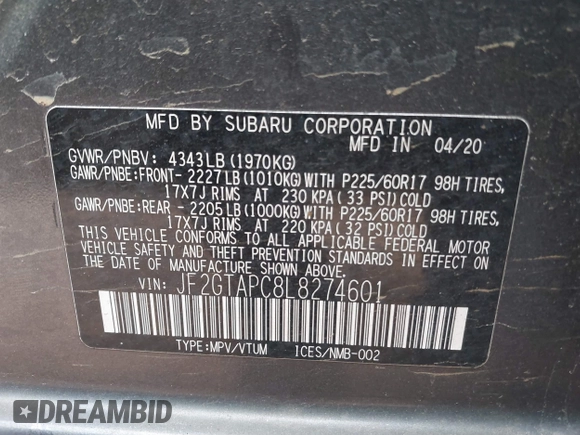 2020 Subaru Crosstrek Premium with VIN JF2GTAPC8L8274601, listed as a IAAI auction lot 41231550 with 50,956 mi miles and . Bid and sale history available at DreamBid. Image 9.