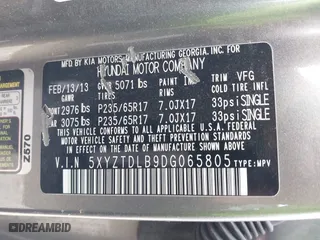 2013 Hyundai Santa Fe Sport with VIN 5XYZTDLB9DG065805, listed as a IAAI auction lot 41838398 with 103,436 mi miles. Bid and sale history available at carsss.com. Image 9.