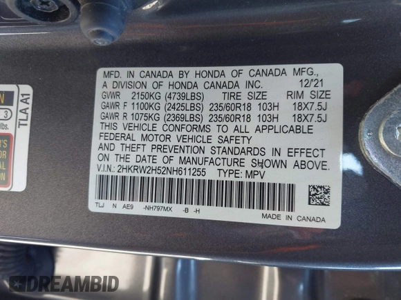2022 Honda CR-V EX with VIN 2HKRW2H52NH611255, listed as a IAAI auction lot 41858138 with 34,891 mi miles and . Bid and sale history available at DreamBid. Image 9.