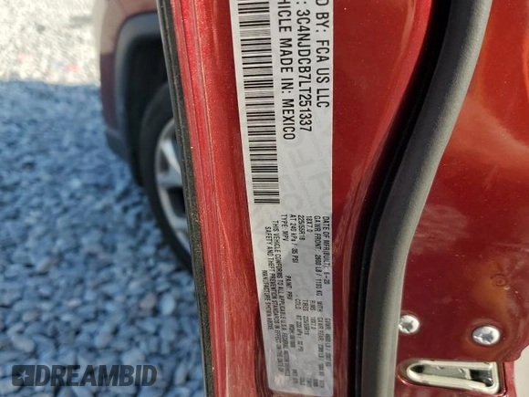 2020 Jeep Compass Limited with VIN 3C4NJDCB7LT251337, listed as a Copart auction lot 53701215 with 56,965 mi miles and Salvage Title. Bid and sale history available at carsss.com. Image 13.