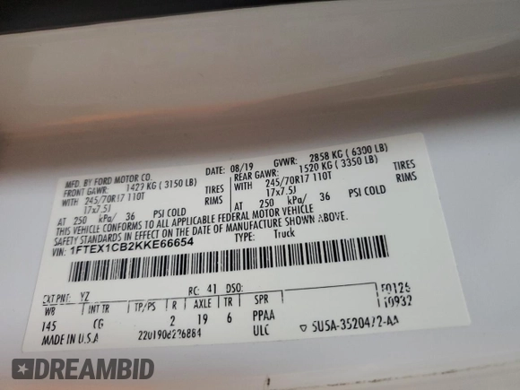 2019 Ford F-150 XL with VIN 1FTEX1CB2KKE66654, listed as a Copart auction lot 58748285 with 174,378 mi miles and Clean title. Bid and sale history available at DreamBid. Image 12.