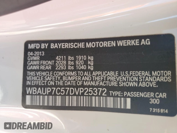 2013 BMW 1 Series 128i with VIN WBAUP7C57DVP25372, listed as a Copart auction lot 49533795 with 93,510 mi miles and Salvage title. Bid and sale history available at DreamBid. Image 12.