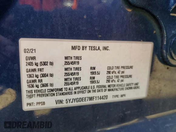 2021 Tesla Model Y Long Range with VIN 5YJYGDEE7MF114420, listed as a Copart auction lot 53889365 with 74,363 mi miles and Salvage Title. Bid and sale history available at DreamBid. Image 14.