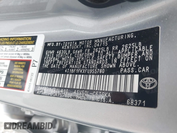 2015 Toyota Camry XLE with VIN 4T1BF1FKXFU955780, listed as a IAAI auction lot 41731667 with 210,750 mi miles and . Bid and sale history available at DreamBid. Image 9.