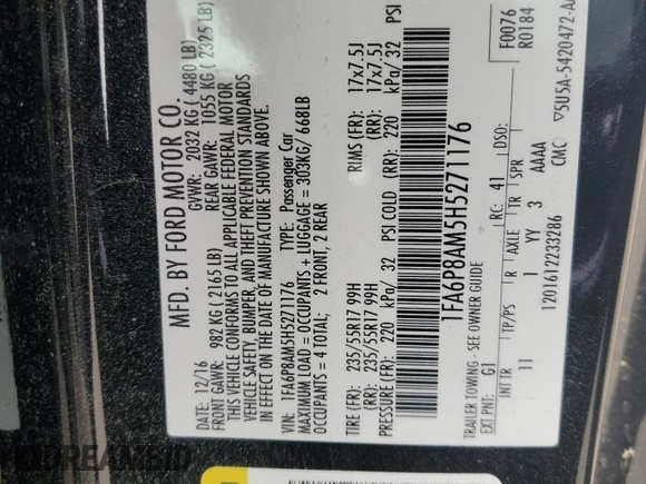 2017 Ford Mustang V6 with VIN 1FA6P8AM5H5271176, listed as a Copart auction lot 48754635 with 91,658 mi miles and Salvage Title. Bid and sale history available at carsss.com. Image 12.