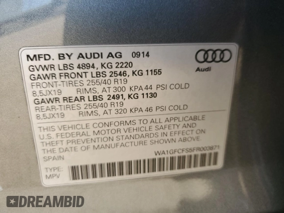 2015 Audi Q3 Prestige with VIN WA1GFCFS5FR003871, listed as a Copart auction lot 52540245 with 110,109 mi miles and Salvage title. Bid and sale history available at DreamBid. Image 12.