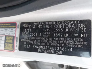 2014 Kia Rio LX with VIN KNADM5A34E6338174, listed as a IAAI auction lot 42039451 with 87,528 mi miles. Bid and sale history available at carsss.com. Image 9.