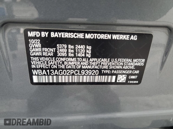 2023 BMW 5 Series 530e with VIN WBA13AG02PCL93920, listed as a Copart auction lot 43456315 with 14,769 mi miles and Salvage title. Bid and sale history available at DreamBid. Image 13.
