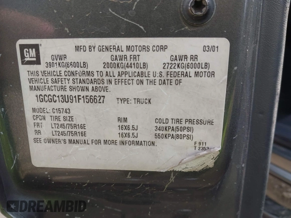 2001 Chevrolet Silverado 1500HD LS with VIN 1GCGC13U91F156627, listed as a IAAI auction lot 41874581 with 260,765 mi miles and . Bid and sale history available at DreamBid. Image 9.