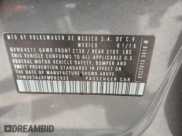 2015 Volkswagen Jetta S with VIN 3VW2K7AJXFM282623, listed as a IAAI auction lot 42336468 with 95,157 mi miles and . Bid and sale history available at DreamBid. Image 9.