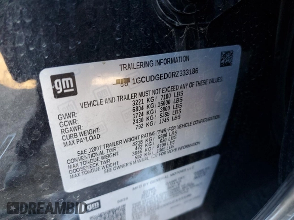 2024 Chevrolet Silverado 1500 LTZ with VIN 1GCUDGED0RZ333186, listed as a Copart auction lot 87745185 with 9,718 mi miles and Salvage Title. Bid and sale history available at DreamBid. Image 12.