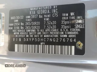 2022 Kia Telluride SX with VIN 5XYP5DHC7NG276764, listed as a Copart auction lot 57218795 with 54,941 mi miles and Salvage title. Bid and sale history available at DreamBid. Image 14.