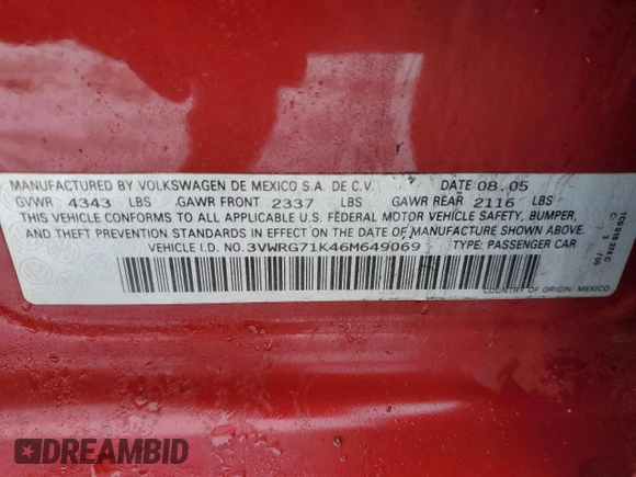2006 Volkswagen Jetta 2.5L z VIN 3VWRG71K46M649069, wystawiony jako Copart lot #44103445 z przebiegiem 192 214 mil mil oraz Szkoda całkowita • Salvage title. Historia ofert i sprzedaży dostępna na DreamBid. Obrazek 12.