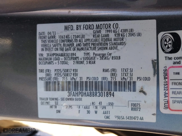 2011 Ford Fusion SE with VIN 3FAHP0HA8BR301894, listed as a IAAI auction lot 41804881 with 150,504 mi miles. Bid and sale history available at carsss.com. Image 9.