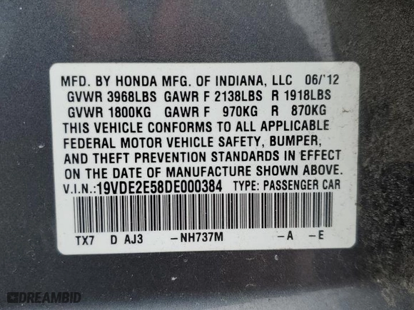 2013 Acura ILX 2.4L Premium Pkg with VIN 19VDE2E58DE000384, listed as a Copart auction lot 87797275 with NaN miles and Clean Title. Bid and sale history available at carsss.com. Image 12.