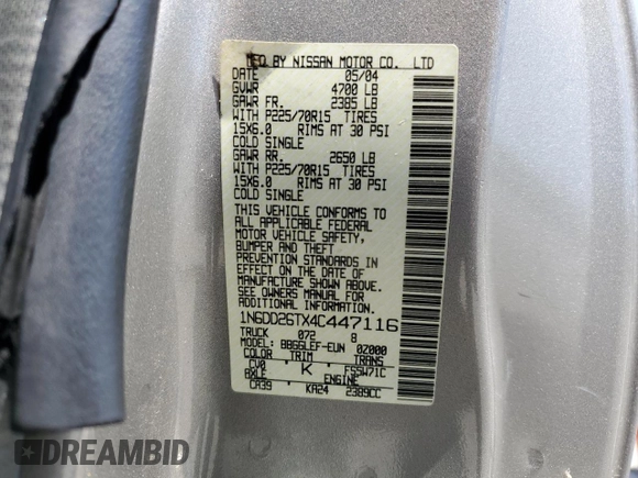 2004 Nissan Frontier XE with VIN 1N6DD26TX4C447116, listed as a Copart auction lot 59432335 with 127,001 mi miles and Salvage title. Bid and sale history available at DreamBid. Image 13.