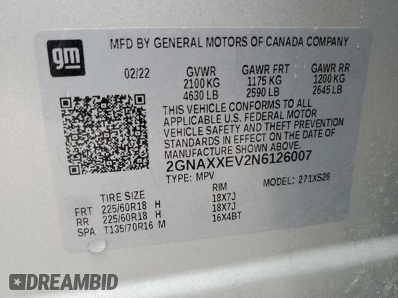 2022 Chevrolet Equinox Premier with VIN 2GNAXXEV2N6126007, listed as a Copart auction lot 53486305 with 70,123 mi miles and Salvage title. Bid and sale history available at DreamBid. Image 14.