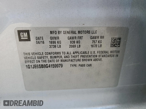 2016 Chevrolet Sonic LTZ z VIN 1G1JE6SB8G4159979, wystawiony jako Copart lot #83398084 z przebiegiem 120 767 mil mil oraz Szkoda całkowita • Salvage title. Historia ofert i sprzedaży dostępna na DreamBid. Obrazek 12.