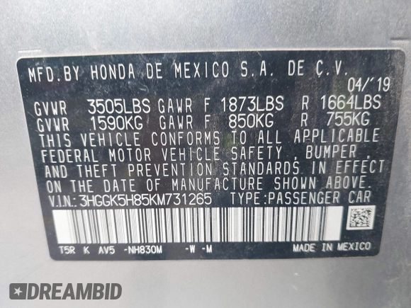 2019 Honda Fit EX with VIN 3HGGK5H85KM731265, listed as a IAAI auction lot 41776982 with 53,919 mi miles and . Bid and sale history available at DreamBid. Image 9.
