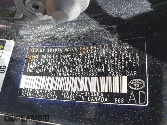 2019 Toyota Corolla L z VIN 2T1BURHE5KC237383, wystawiony jako IAAI lot #41782952 z przebiegiem 106 028 mil mil oraz . Historia ofert i sprzedaży dostępna na DreamBid. Obrazek 9.