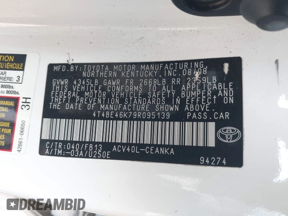 2009 Toyota Camry with VIN 4T4BE46K79R095139, listed as a IAAI auction lot 42157500 with 141,955 mi miles and . Bid and sale history available at carsss.com. Image 9.