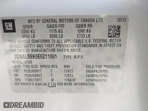 2014 Chevrolet Equinox LT with VIN 2GNALBEK9E6211091, listed as a IAAI auction lot 42095567 with 215,785 mi miles. Bid and sale history available at carsss.com. Image 9.