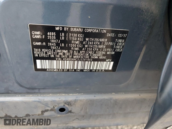2018 Subaru Outback Limited with VIN 4S4BSANC3J3281864, listed as a Copart auction lot 64334815 with 110,421 mi miles and Salvage title. Bid and sale history available at DreamBid. Image 14.