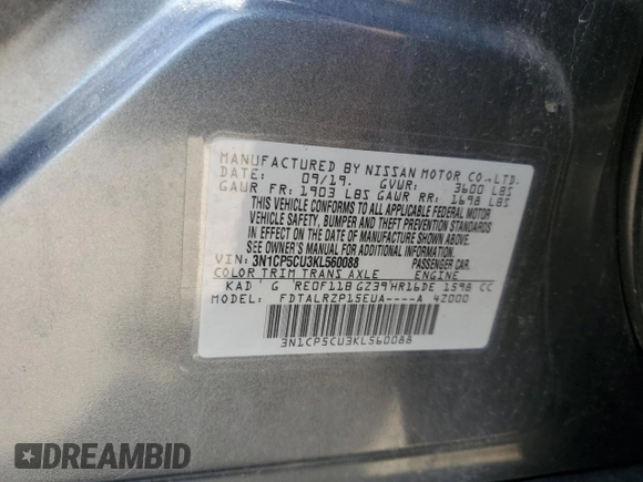 2019 Nissan Kicks S z VIN 3N1CP5CU3KL560088, wystawiony jako Copart lot #55911105 z przebiegiem 76 707 mil mil oraz Szkoda całkowita • Salvage title. Historia ofert i sprzedaży dostępna na DreamBid. Obrazek 13.