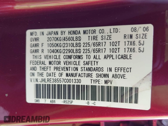 2007 Honda CR-V EX with VIN JHLRE38557C001330, listed as a IAAI auction lot 42136936 with 251,223 mi miles and . Bid and sale history available at carsss.com. Image 9.