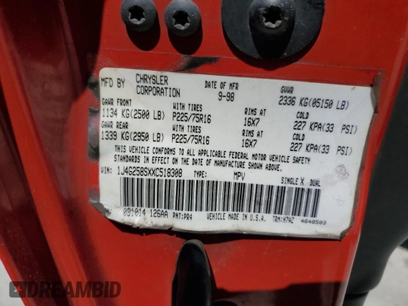 1999 Jeep Grand Cherokee Laredo z VIN 1J4G258SXXC518308, wystawiony jako Copart lot #56636235 z przebiegiem 233 649 mil mil oraz Szkoda całkowita • Salvage title. Historia ofert i sprzedaży dostępna na DreamBid. Obrazek 13.