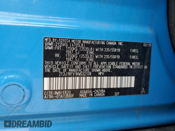 2019 Toyota RAV4 Adventure with VIN 2T3J1RFV1KW032138, listed as a Copart auction lot 61402715 with 140,355 mi miles and Salvage title. Bid and sale history available at DreamBid. Image 14.