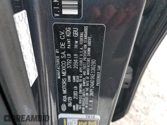 2019 Kia Forte LXS with VIN 3KPF24AD1KE136290, listed as a Copart auction lot 58561635 with 59,916 mi miles and Salvage title. Bid and sale history available at DreamBid. Image 12.