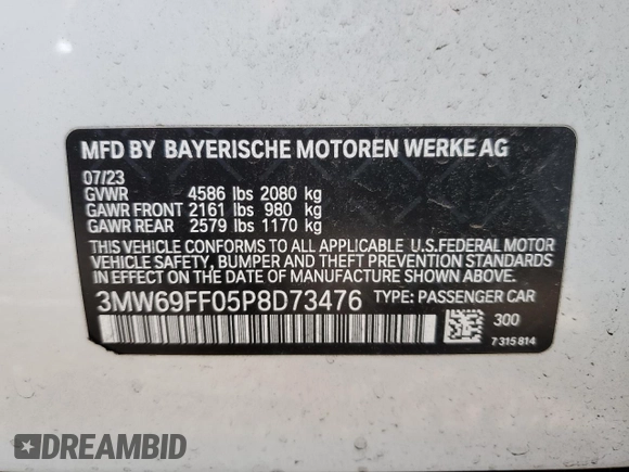 2023 BMW 3 Series 330i with VIN 3MW69FF05P8D73476, listed as a Copart auction lot 44819045 with Not provided miles and Salvage title. Bid and sale history available at DreamBid. Image 15.