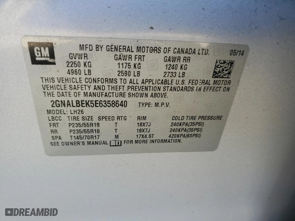 2014 Chevrolet Equinox LT with VIN 2GNALBEK5E6358640, listed as a Copart auction lot 52649285 with 104,391 mi miles and Clean Title. Bid and sale history available at carsss.com. Image 13.