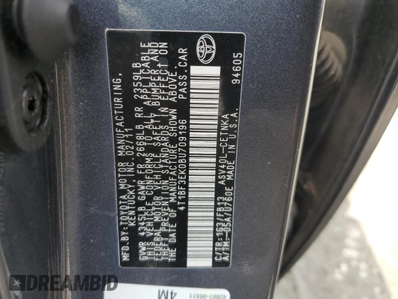 2011 Toyota Camry LE with VIN 4T1BF3EK0BU709196, listed as a Copart auction lot 52684905 with 68,028 mi miles and Salvage Title. Bid and sale history available at carsss.com. Image 12.