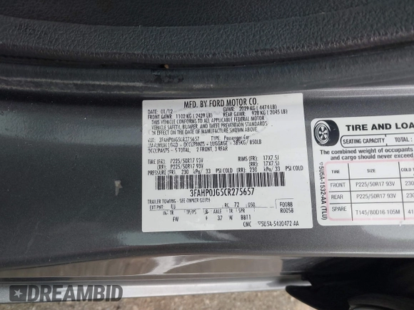 2012 Ford Fusion SEL with VIN 3FAHP0JG5CR275657, listed as a IAAI auction lot 41853331 with 188,225 mi miles. Bid and sale history available at carsss.com. Image 9.