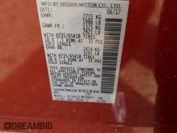 2017 Nissan Pathfinder SV z VIN 5N1DR2MN1HC695846, wystawiony jako Copart lot #45953705 z przebiegiem 135 587 mil mil oraz Szkody całkowita. Historia ofert i sprzedaży dostępna na DreamBid. Obrazek 15.