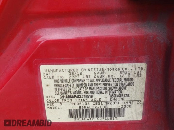 2012 Nissan Sentra S с VIN 3N1AB6AP4CL716519, выставлен на аукционе Copart как лот 54111085 с пробегом 237 618 миль миль и Списание • Salvage title. История ставок и продаж доступна на DreamBid. Изображение 13.