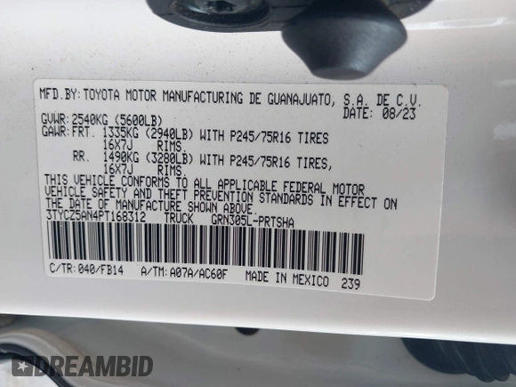 2023 Toyota Tacoma SR with VIN 3TYCZ5AN4PT168312, listed as a IAAI auction lot 42555775 with 8,288 mi miles and . Bid and sale history available at DreamBid. Image 9.