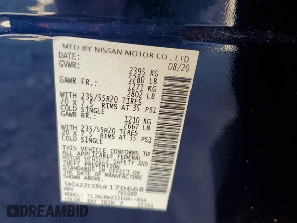 2020 Nissan Murano SL z VIN 5N1AZ2CS9LN170668, wystawiony jako Copart lot #51341835 z przebiegiem 37 432 mil mil oraz Szkoda całkowita • Salvage title. Historia ofert i sprzedaży dostępna na DreamBid. Obrazek 14.
