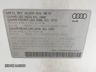 2016 Audi Q5 Premium Plus with VIN WA1L2AFP6GA038557, listed as a IAAI auction lot 42071248 with 188,772 mi miles. Bid and sale history available at carsss.com. Image 9.