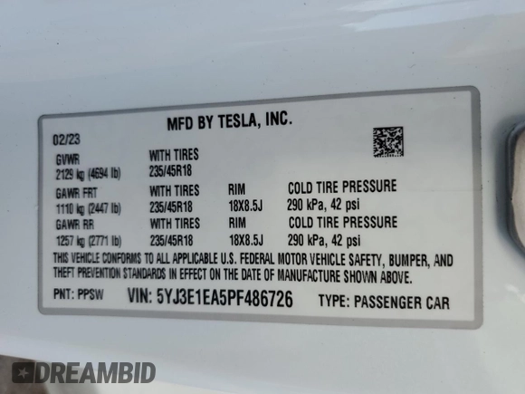 2023 Tesla Model 3 with VIN 5YJ3E1EA5PF486726, listed as a Copart auction lot 51659655 with 14,632 mi miles and Salvage title. Bid and sale history available at DreamBid. Image 15.